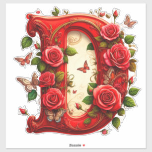 Pegatina Elegante letra D roja con rosas y mariposa