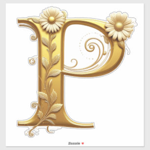Pegatina Elegante letra dorada P con adornos florales
