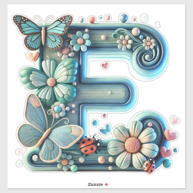 Pegatina Elegante letra floral E con mariposas (Hoja)