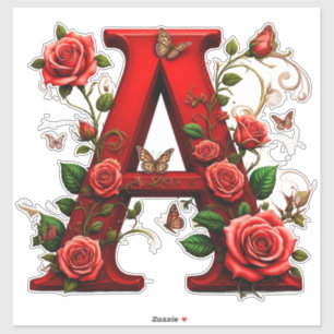 Pegatina Elegante letra roja A con rosas y mariposa