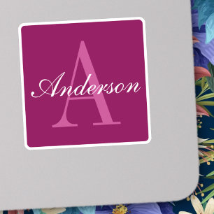 Pegatina Elegante Magenta rojo, rosa y blanco nombre y mono