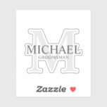 Pegatina Elegante nombre y monograma de los Groomsmen perso<br><div class="desc">Añada un toque personal a su boda con el monograma personalizado de los padrinos y el pegatina de corte personalizado. Este pegatina presenta el nombre personalizado del groomsman con título en gris y monograma en gris claro como fondo, en estilo clásico de tipo de letra serif. También perfecto para el...</div>