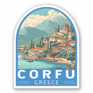 Pegatina Emblema de arte de viaje de Corfú Grecia