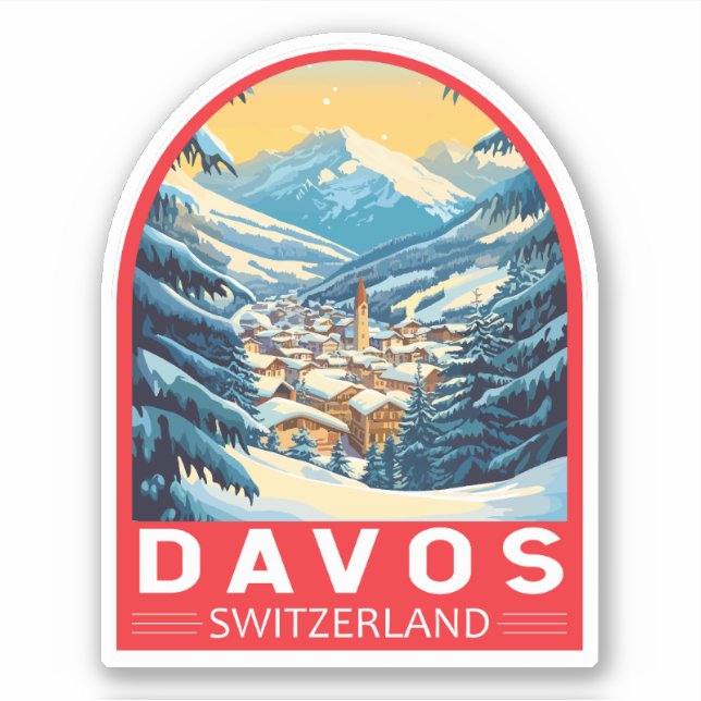 Pegatina Emblema de arte de viajes de Davos Suiza (Anverso)