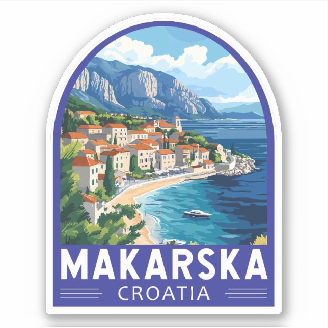 Pegatina Emblema de arte de viajes de Makarska Croatia (Anverso)