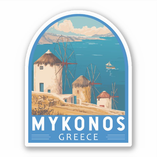 Pegatina Emblema de arte de viajes de Mykonos Grecia (Anverso)