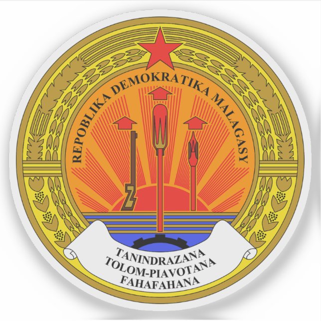 Pegatina emblema de la República Democrática de Madagascar  (Anverso)