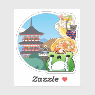 Pegatina Emoción en el templo japonés con gato y rana