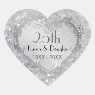 Pegatina En Forma De Corazón 25º aniversario del Boda Sparkle Silver Heart