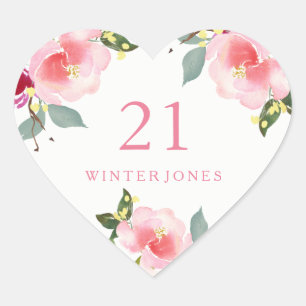 Pegatina En Forma De Corazón Acuarela floral rosa bonito Fiesta de cumpleaños 2