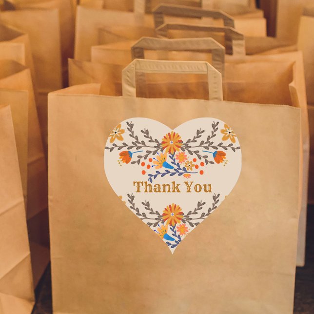 Pegatina En Forma De Corazón Agradecimiento occidental floral mexicano (Heart Shaped Thank You stickers from my Mexican Floral collection)