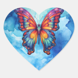 Pegatina En Forma De Corazón Alas Naranjas azules de mariposa