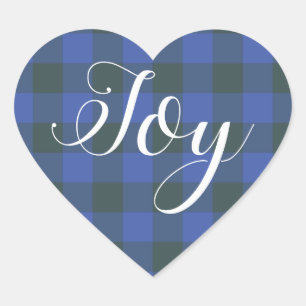 Pegatina En Forma De Corazón Alegría de Navidad Cuadros de Bufalo Gingham Azul 