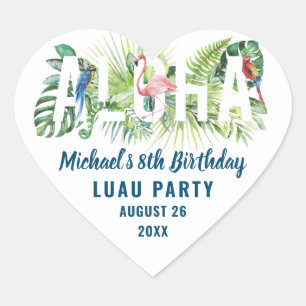 Pegatina En Forma De Corazón Aloha Tropical Flamingo Favor del cumpleaños