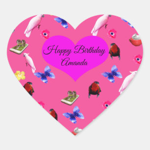 Pegatina En Forma De Corazón Amanda, logotipo de cumpleaños feliz con mariposas