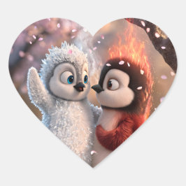 Pegatina En Forma De Corazón Amber & Frosty Cute Fire and Ice Penguin Sticker