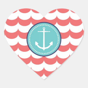 Pegatina En Forma De Corazón Anclaje con patrón de ondas corales