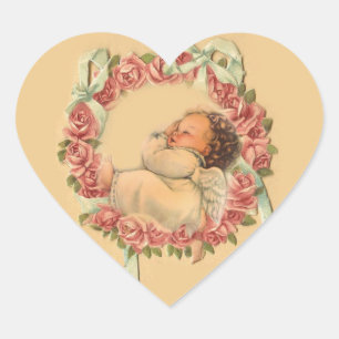 Pegatina En Forma De Corazón Ángel del bebé del vintage que duerme en una