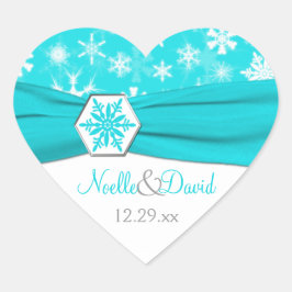 Pegatina En Forma De Corazón Aqua, blanco, Boda de copos de nieve gris Pegatina