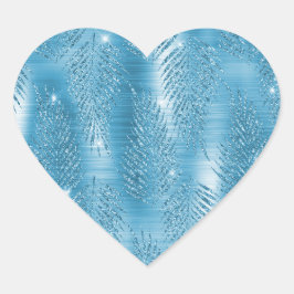 Pegatina En Forma De Corazón Aqua Blue Glitzy Purpurina hojas tropicales