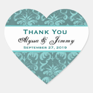 Pegatina En Forma De Corazón Aqua Damask Gracias Boda Heart B451