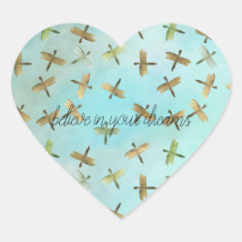Pegatina En Forma De Corazón Aqua Mint Gold Dragonfly cree en los sueños