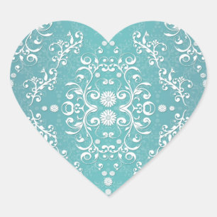 Pegatina En Forma De Corazón Aqua Verde Teal y Floral Damask Blanco