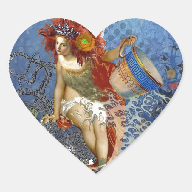 Pegatina En Forma De Corazón Aquarius Mermaid Arte Gótico Azul (Anverso)