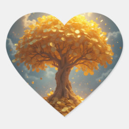 Pegatina En Forma De Corazón árbol de dinero dorado monedas de oro en forma de
