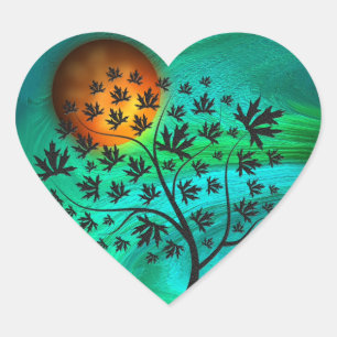 Pegatina En Forma De Corazón Árbol de otoño y luna de cosecha