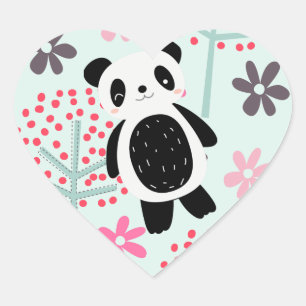 Pegatina En Forma De Corazón Árboles, flores y osos panda