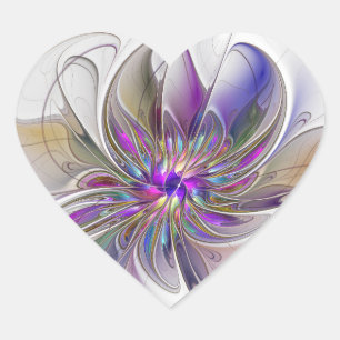 Pegatina En Forma De Corazón Arte abstracto fractal de flores enérgico y colori