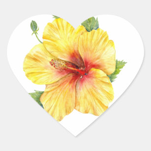 Pegatina En Forma De Corazón Arte botánico amarillo hibiscus