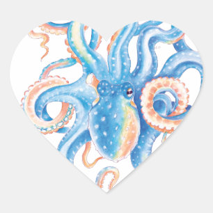 Pegatina En Forma De Corazón Arte de color azul Octopus
