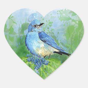 Pegatina En Forma De Corazón Arte de pájaros azules de montaña acuarela azul pa