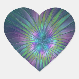 Pegatina En Forma De Corazón Arte fractal abstracto de flor de fantasía brillan
