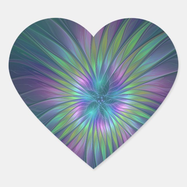 Pegatina En Forma De Corazón Arte fractal abstracto de flor de fantasía brillan (Anverso)