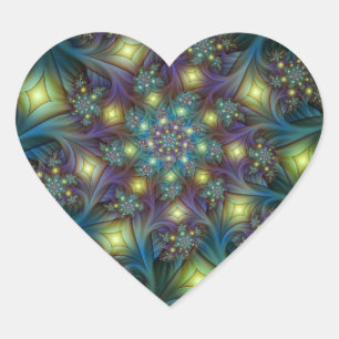 Pegatina En Forma De Corazón Arte fractal abstracto iluminado brillante turques