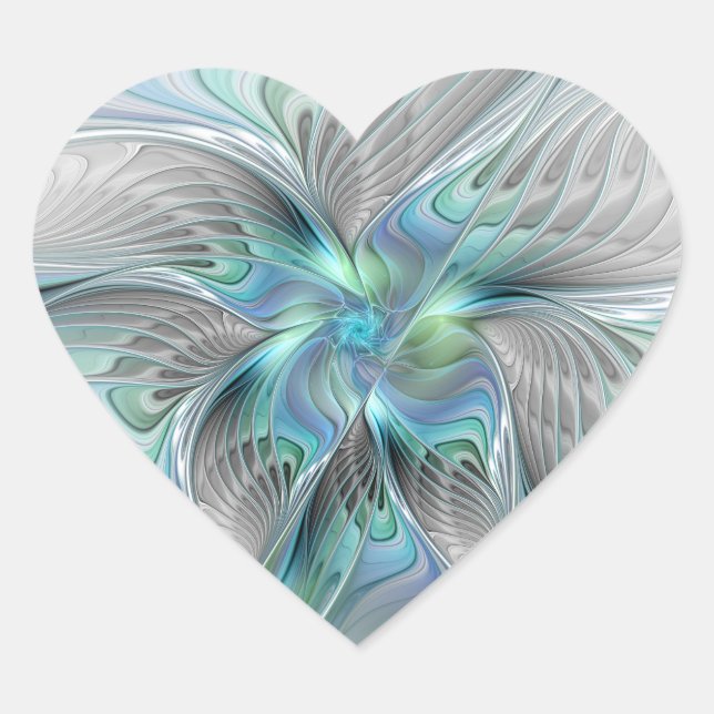 Pegatina En Forma De Corazón Arte fractal de fantasía de mariposa azul verde ab (Anverso)
