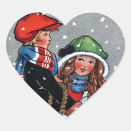 Pegatina En Forma De Corazón Arte vintage niño_n_niña_navidad