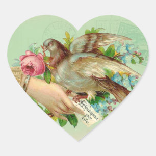 Pegatina En Forma De Corazón Ave y rosa de San Valentín victoriano