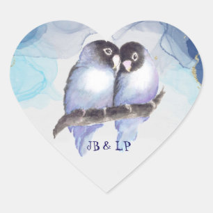Pegatina En Forma De Corazón Aves amantes del oro azul, Monograma del corazón