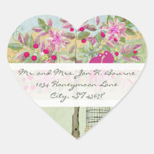 Pegatina En Forma De Corazón Aves amorosas sentadas en un precinto Boda de árbo