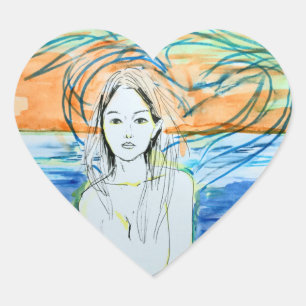 Pegatina En Forma De Corazón Aves marinas (acuarela, tinta)