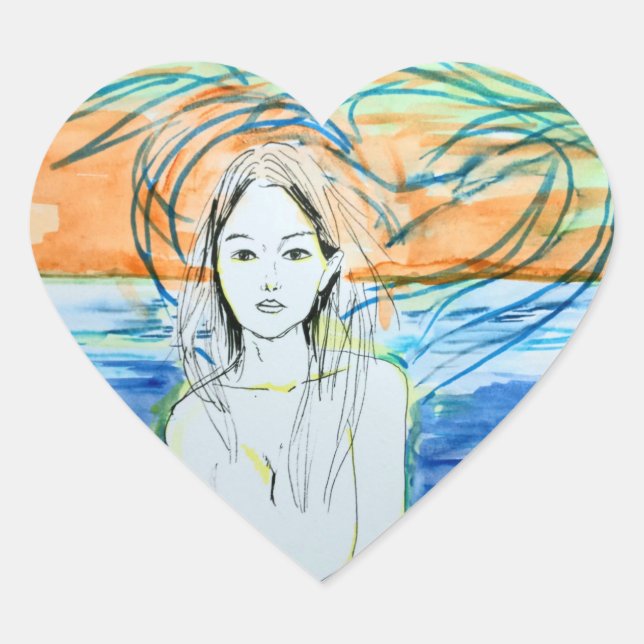 Pegatina En Forma De Corazón Aves marinas (acuarela, tinta) (Anverso)