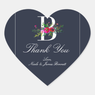 Pegatina En Forma De Corazón B Monograma Inicial Moderna Floral Azul Boda