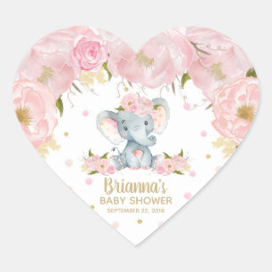 Pegatina En Forma De Corazón Baby Shower rosa floral cute elefante
