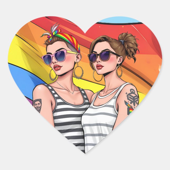 Pegatina En Forma De Corazón Bandera arcoiris lesbiana LGBT (Anverso)
