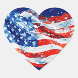 Pegatina En Forma De Corazón Bandera estadounidense acuarela 4 de julio