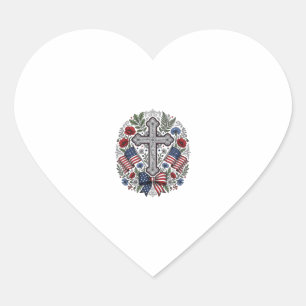 Pegatina En Forma De Corazón Bandera floral de cruz patriótica vintage